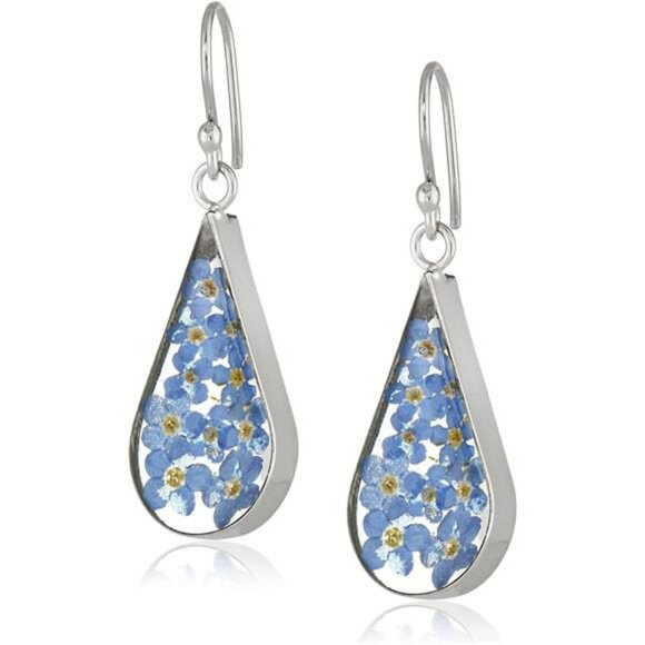 Sterling Silver Pressed Flower Teardrop Earrings Resin Drop Multicolor - Picture 1 of 7